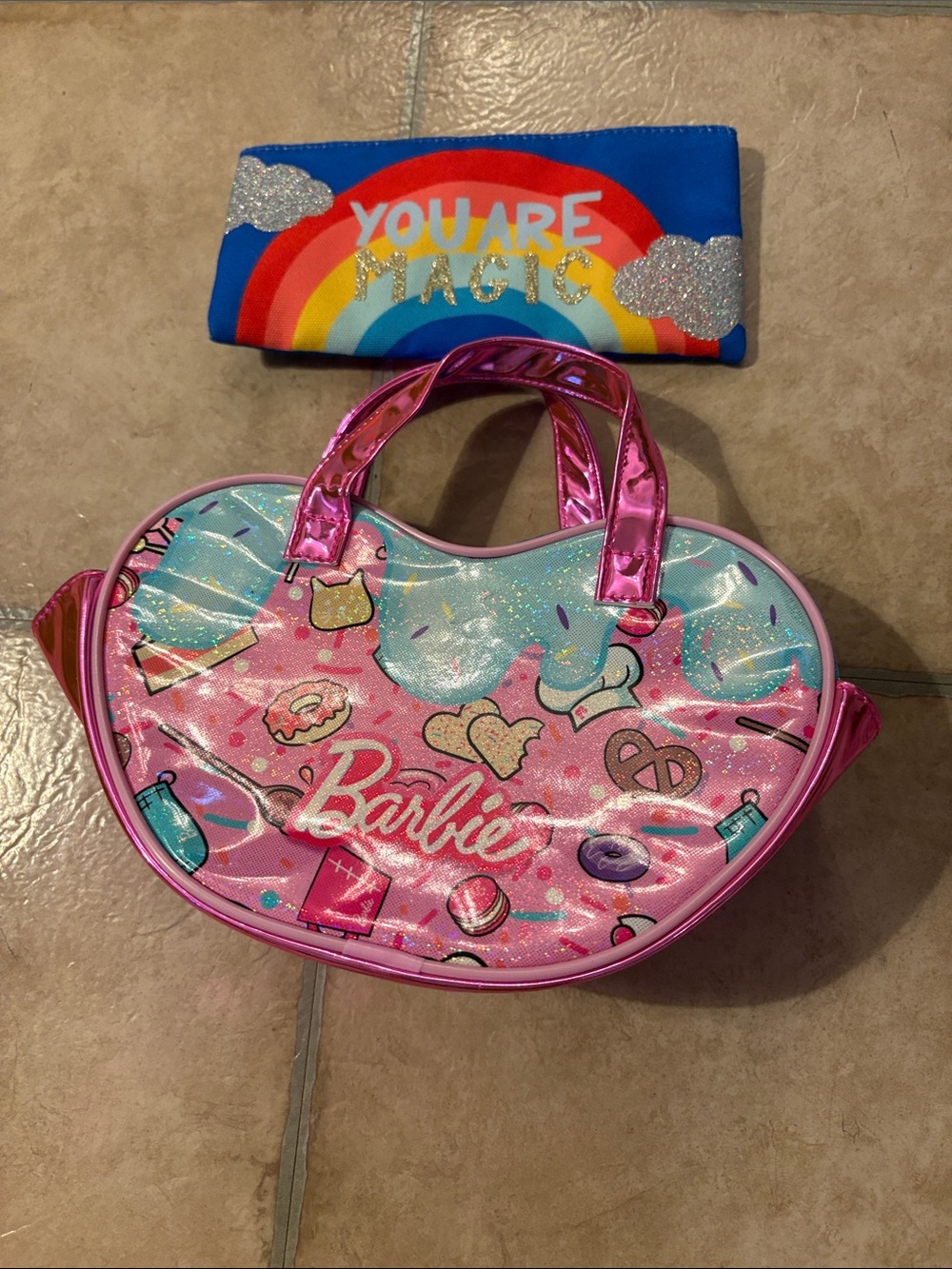 Barbie Pink Shiny Heart Tote with Rainbow Pouch